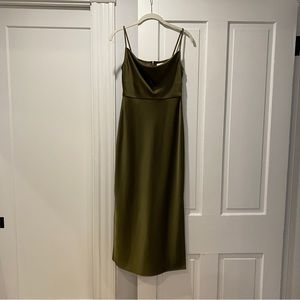 BHLDN cali satin charmeuse dress in olive; size 2
